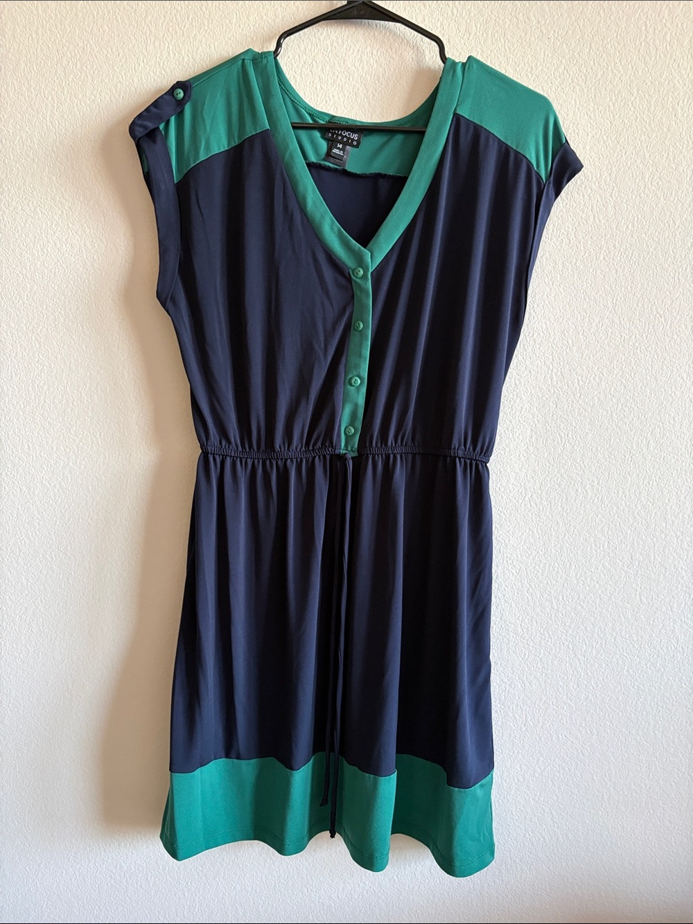 Enfocus Studio Button-Front Mini Dress Navy and Teal Drawstring Waist Plus 14